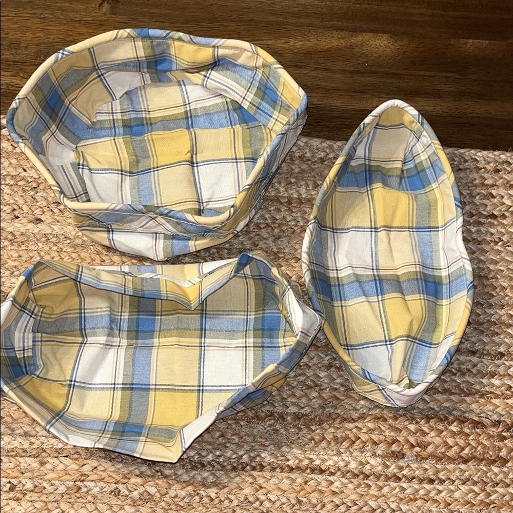 3 Longaberger Yellow, Blue & Cream Plaid Fabric Basket Liner